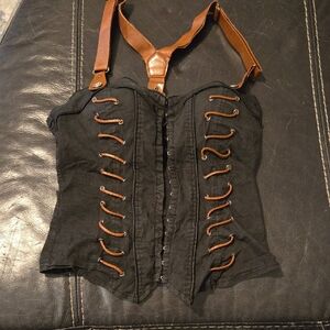 Black Corset Top with Brown Strap Details